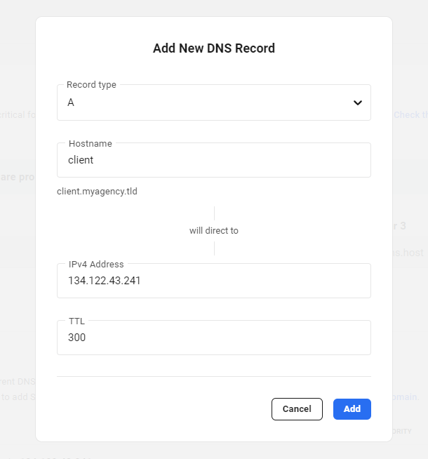 Add a DNS record in the Hub