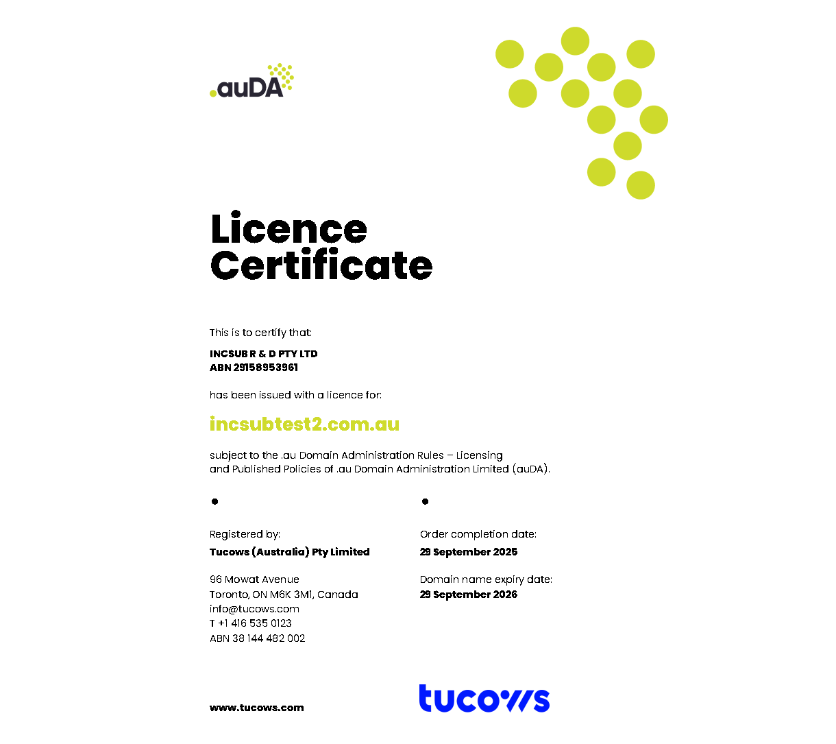 Certificate sent after registering a .au domain in the Hub
