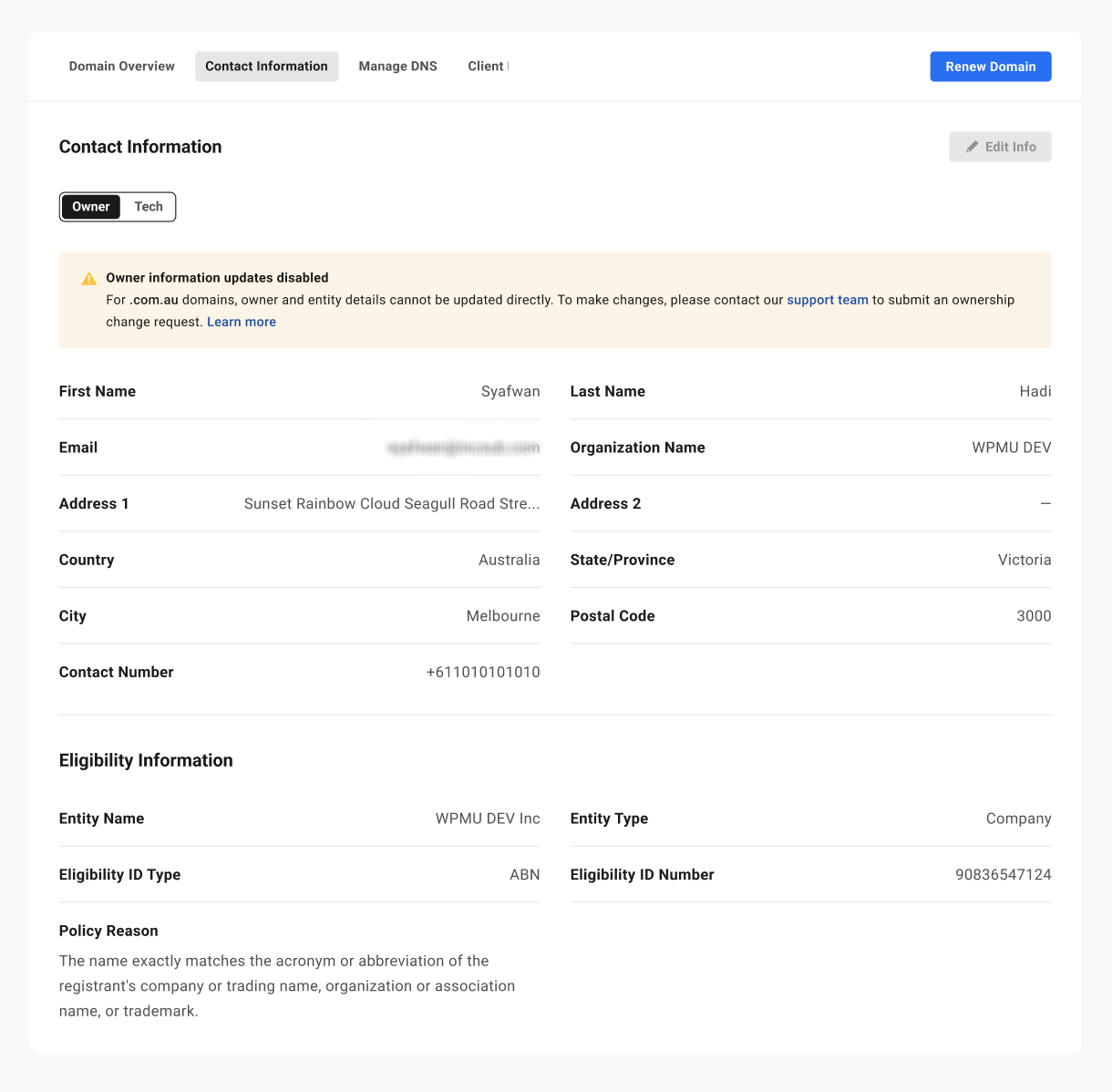 Contact Information tab for a .au domain in the Hub