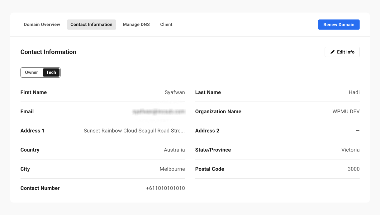 Tech contact Information for a .au domain in the Hub