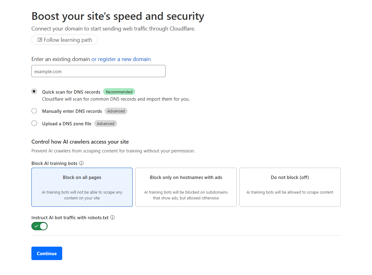 Cloudflare add domain screen