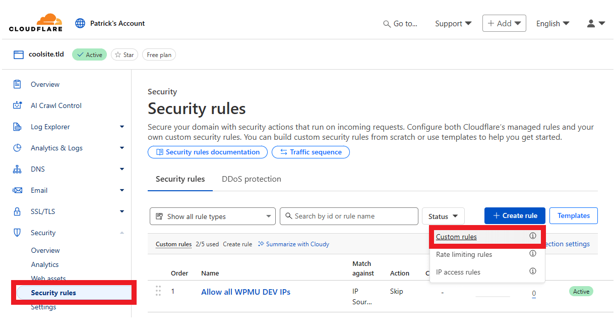 Create a security rule at Cloudflare