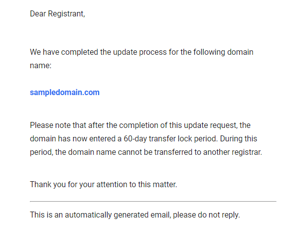 Email - Completed Change of Registrant Notification