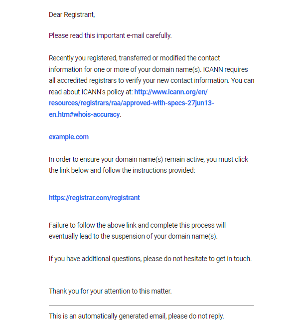 Email - Registrant Verification Message to Registered Domain Owner