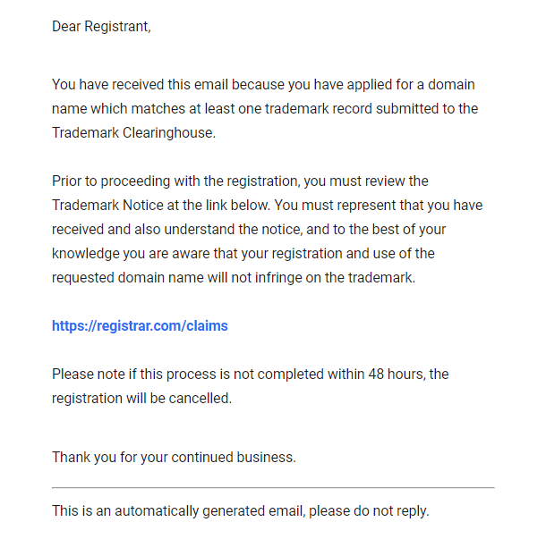 Email - Trademark Claims Notification
