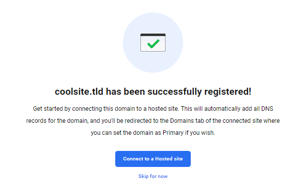 Domain successfully registered message in the Hub