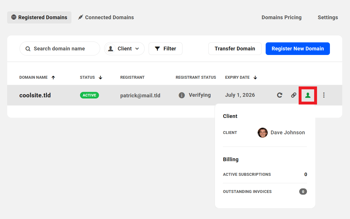 Status of a client linked to a domain in the Hub