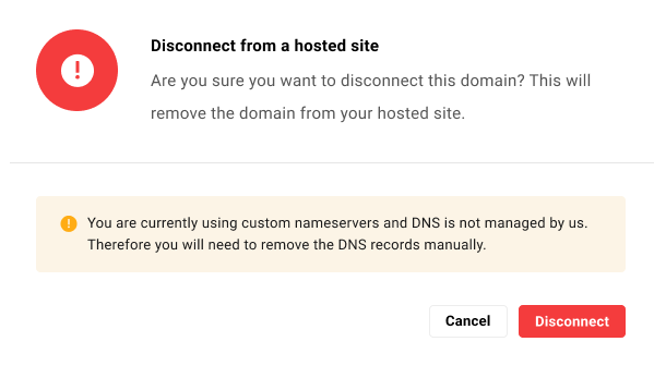 Confirm disconnect a registered domain from a hosted site in the Hub