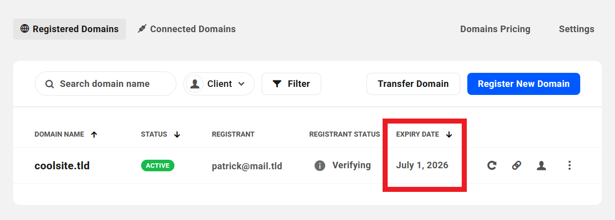 Expiry date of a registered domain in the Hub