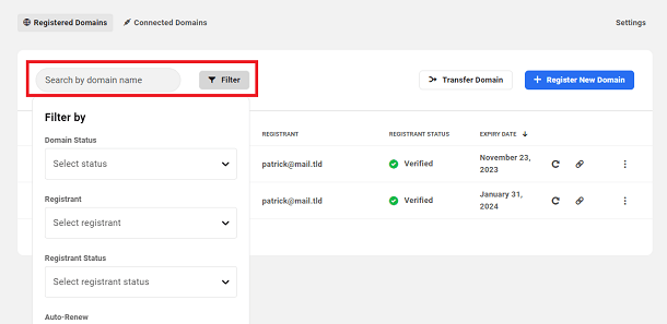 Filter the list of registered domains in the Hub