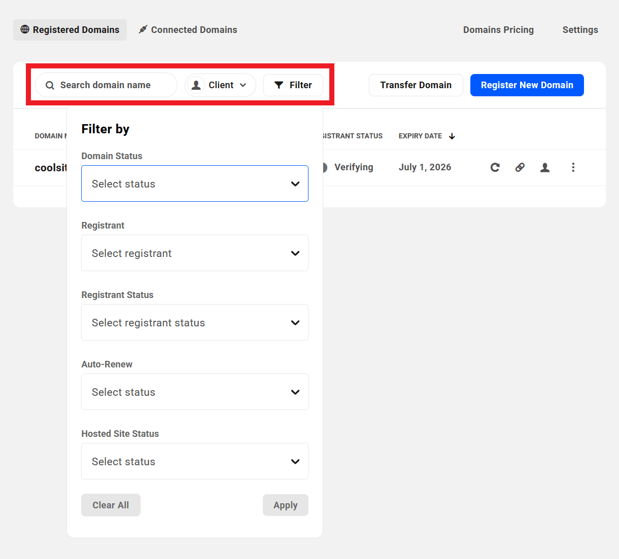 Filter the list of registered domains in the Hub