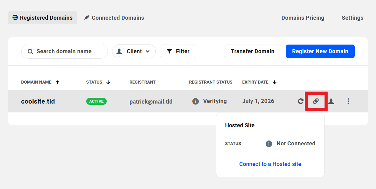 Status of a registered domain connected to a hosted site in the Hub