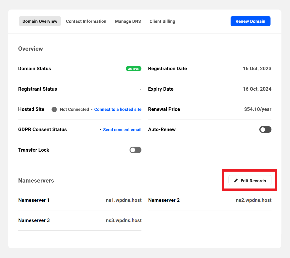 Edit nameservers of a registered domain in the Hub