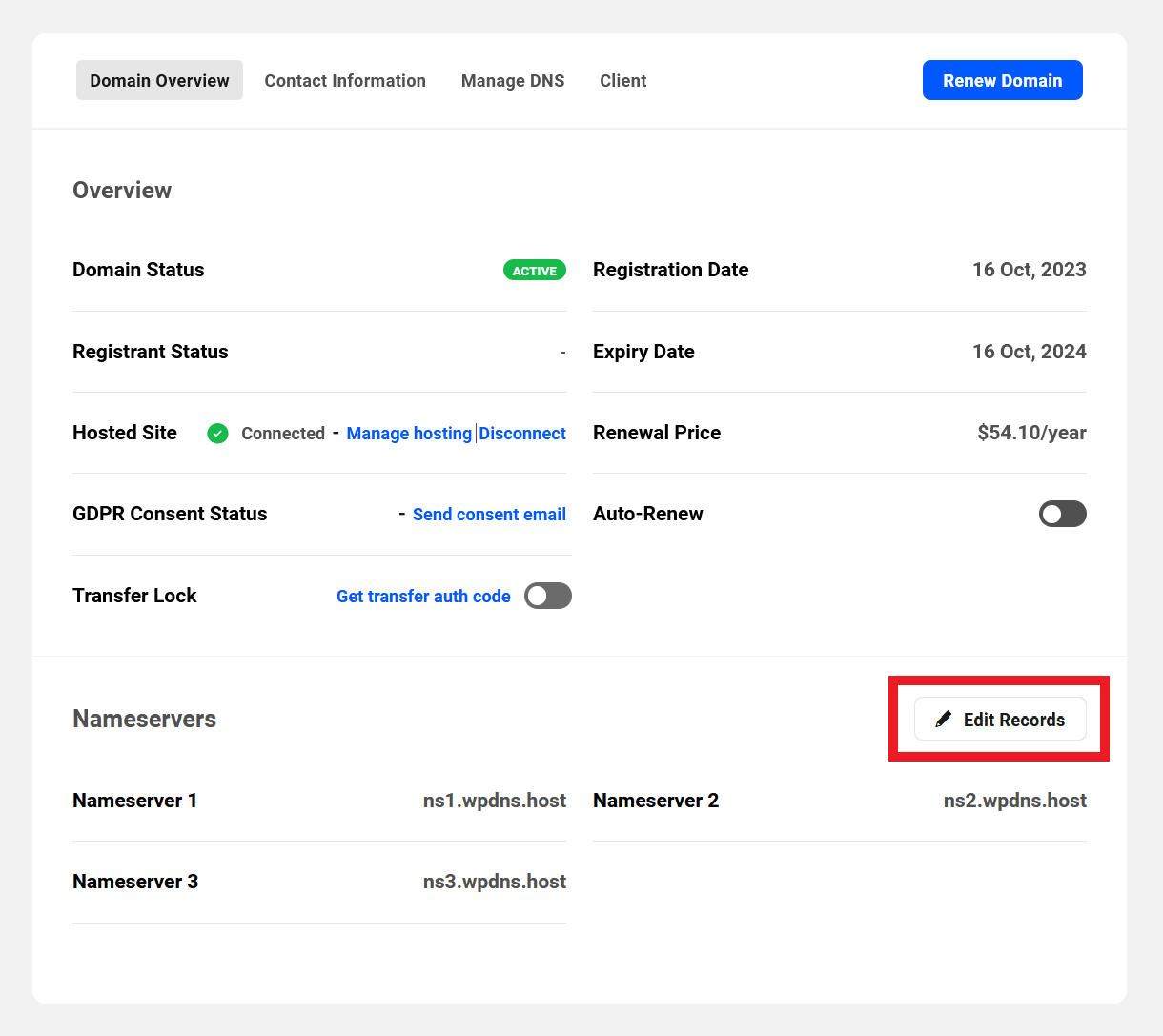 Edit nameservers of a registered domain in the Hub