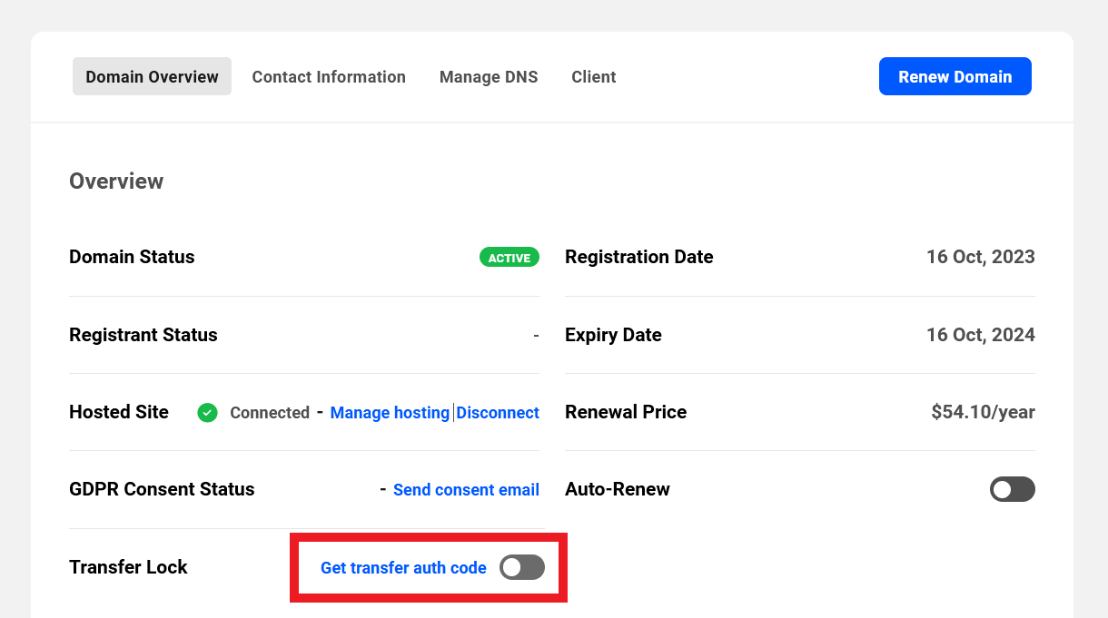 Get auth code for a domain transfer in the Hub
