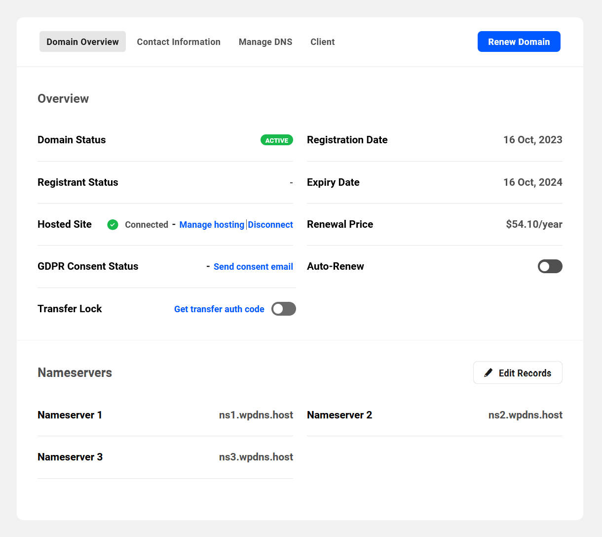 Overview of a domain registered in the Hub