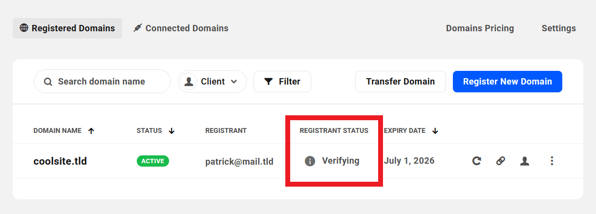 Registrant status of a registered domain in the Hub