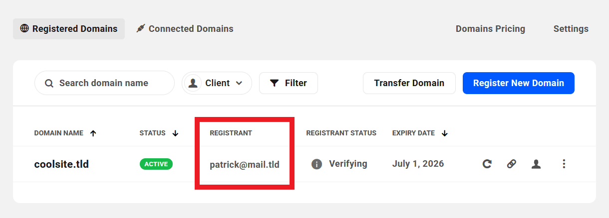 Registrant info of a registered domain in the Hub