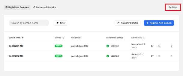 Settings for registered domains in the Hub