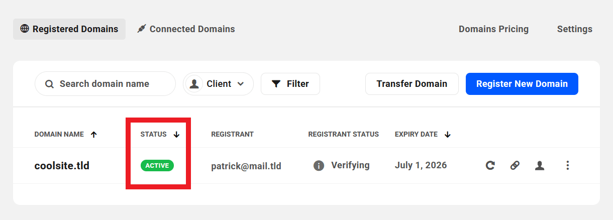 Status of a registered domain in the Hub
