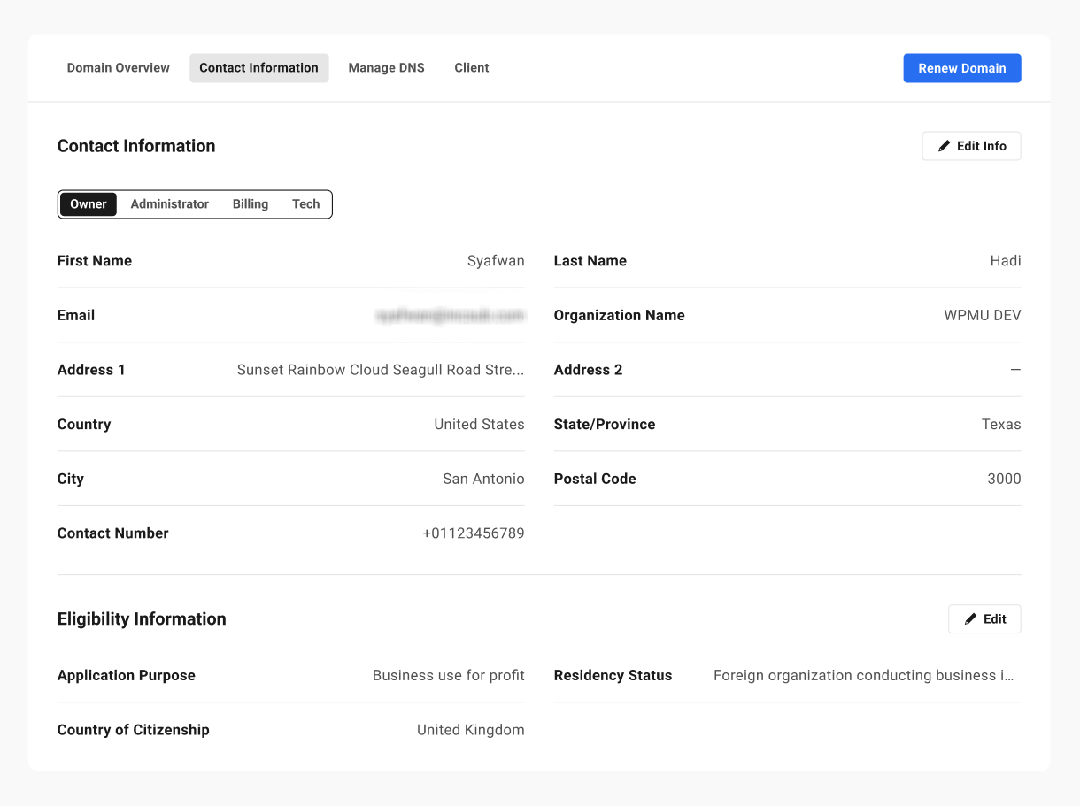 Contact Information tab for a .us domain in the Hub