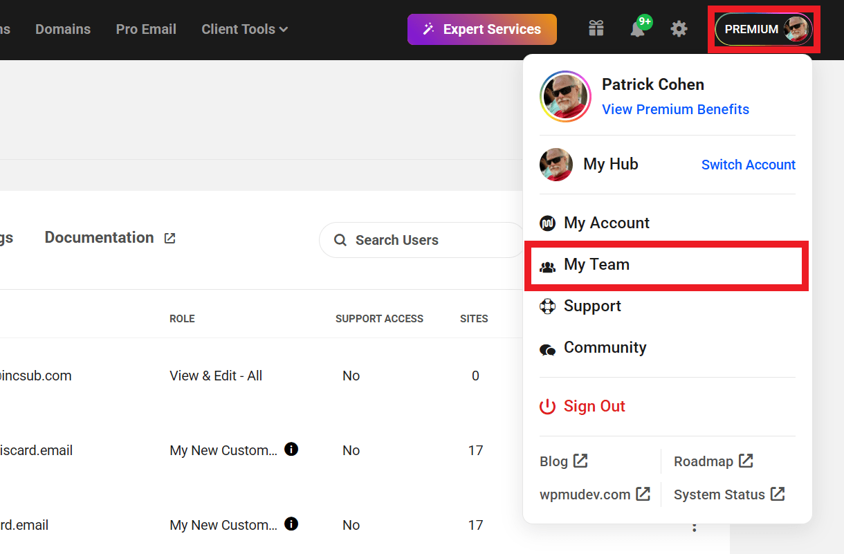 Accessing the Team feature in The Hub