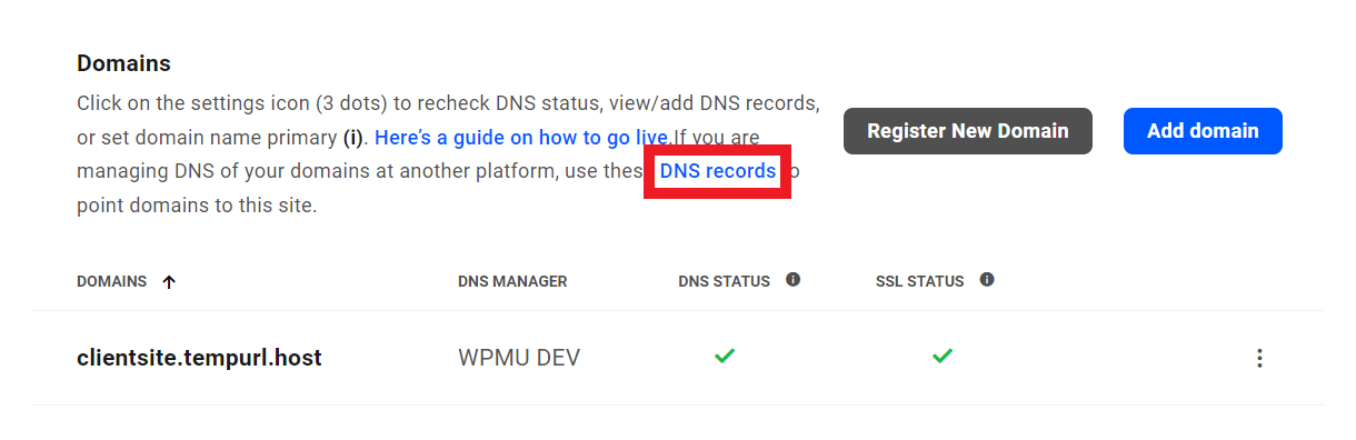 DNS records of a hosted site in the Hub