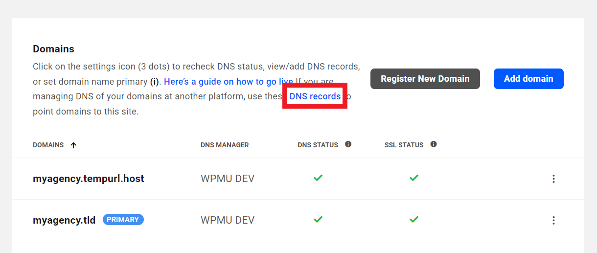 DNS records of a hosted site in the Hub