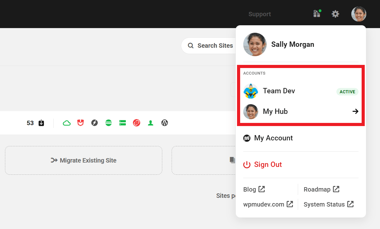 Team account switcher in the Hub