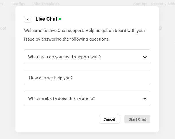 Live chat support form for team members