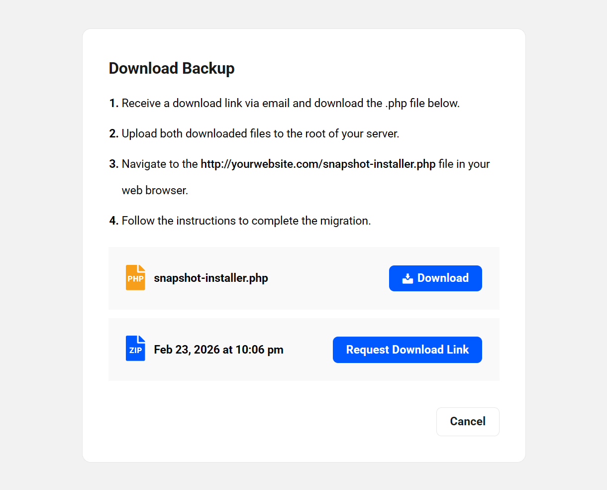 Download a Snapshot backup from your Account page