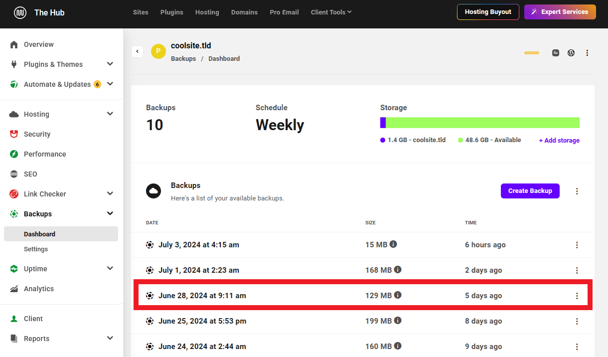 Get a Snapshot backup in the Hub