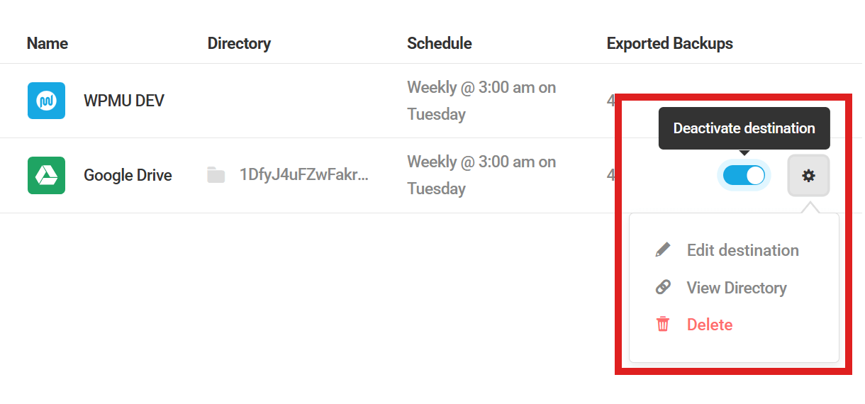 Management options for backup destinations in Snapshot