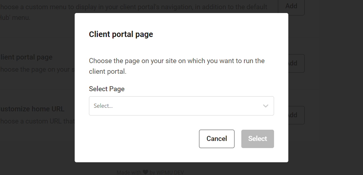 Select Client Portal page in the Hub Client