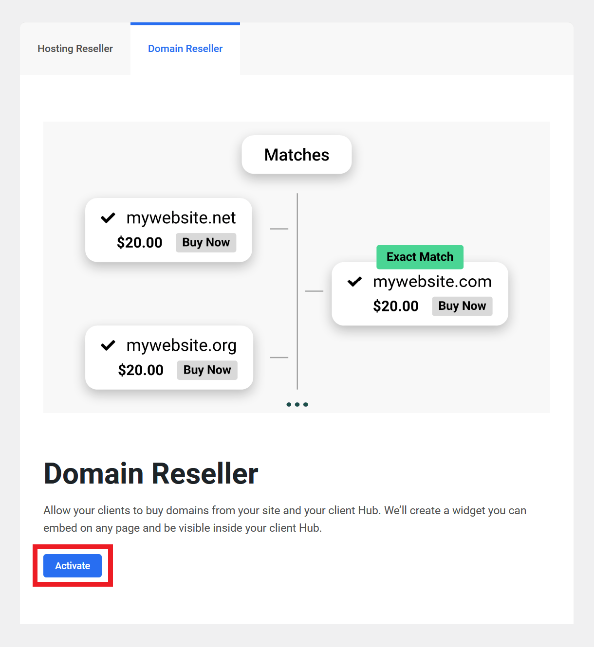 Activate Domains Reseller in the Hub Client