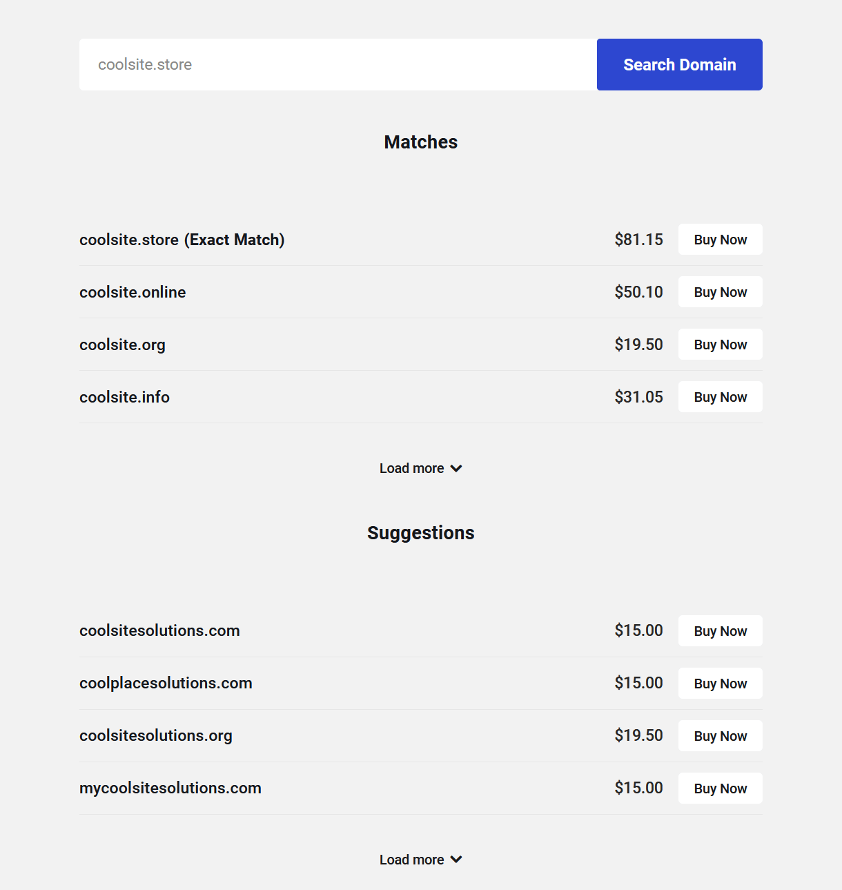 Domains Reseller search results