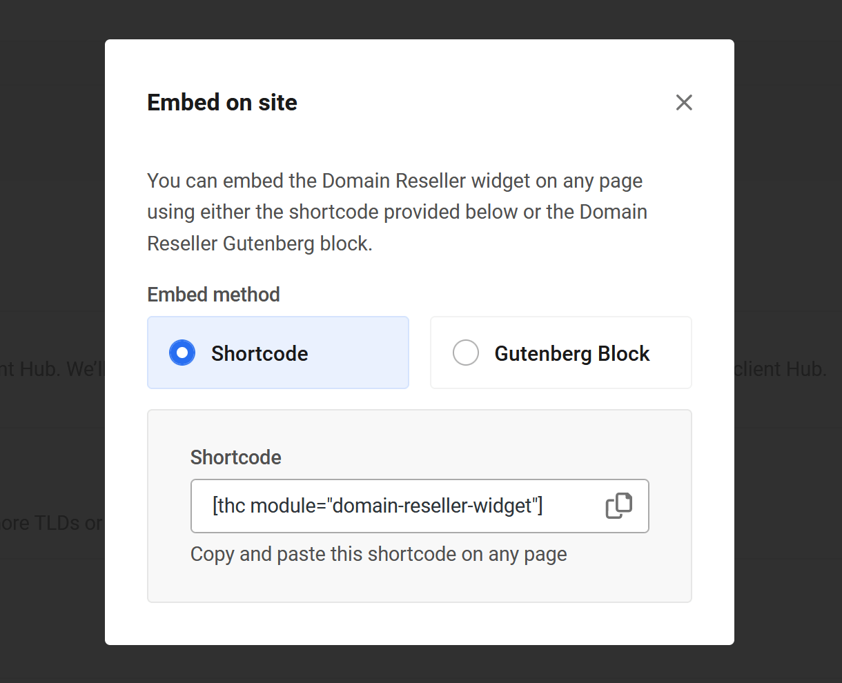 Domains Reseller pricing widget embed options in the Hub