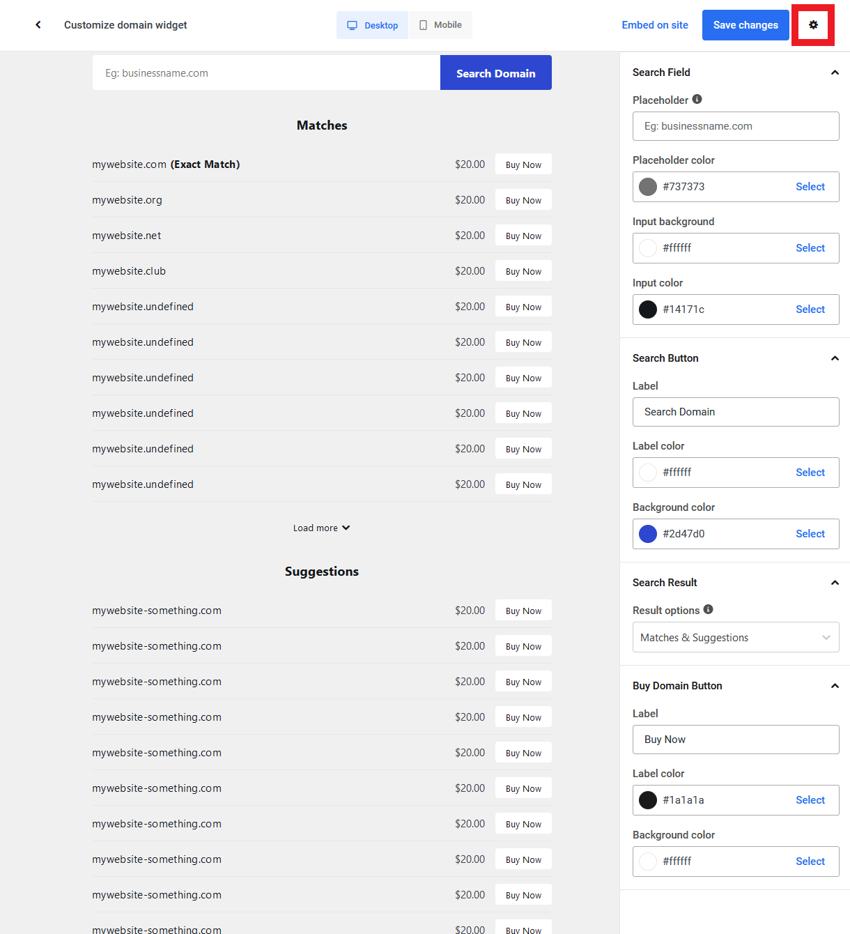 Domains Reseller pricing widget customization options in the Hub