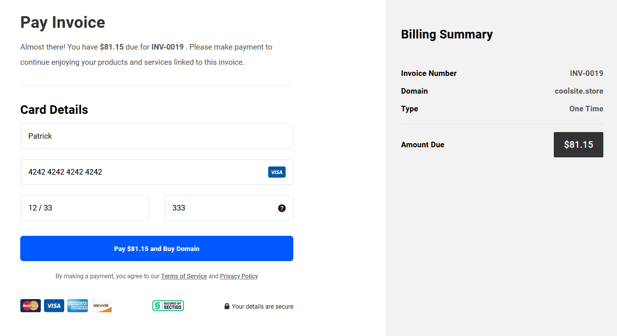 Invoice for a new domain in the Client Portal