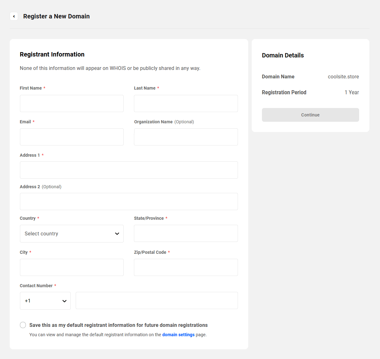 Registrant information for a domain purchase in the Hub Client