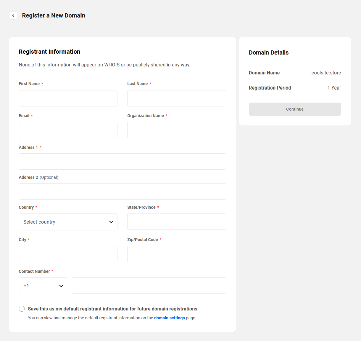 Registrant information for a domain purchase in the Hub Client