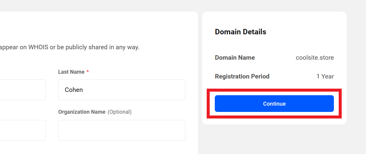 Registrant information for a domain purchase in the Hub Client