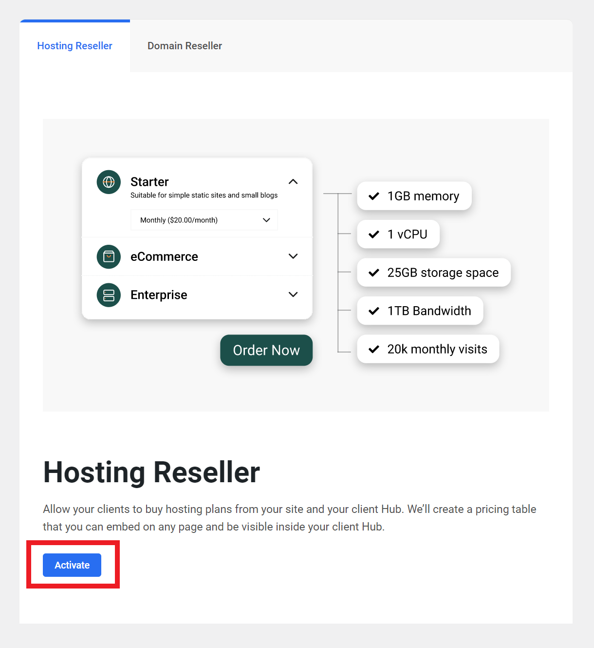 Activate Hosting Reseller in the Hub Client