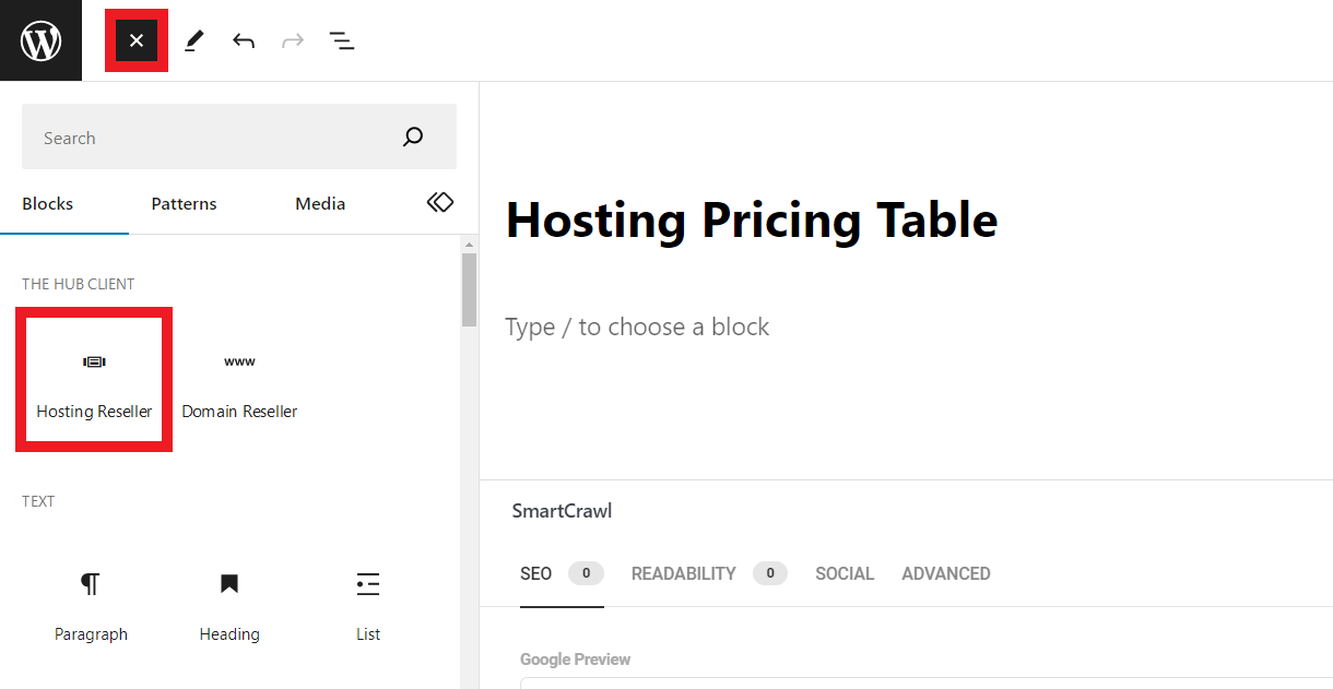 Gutenberg block to embed the Hosting Reseller pricing table