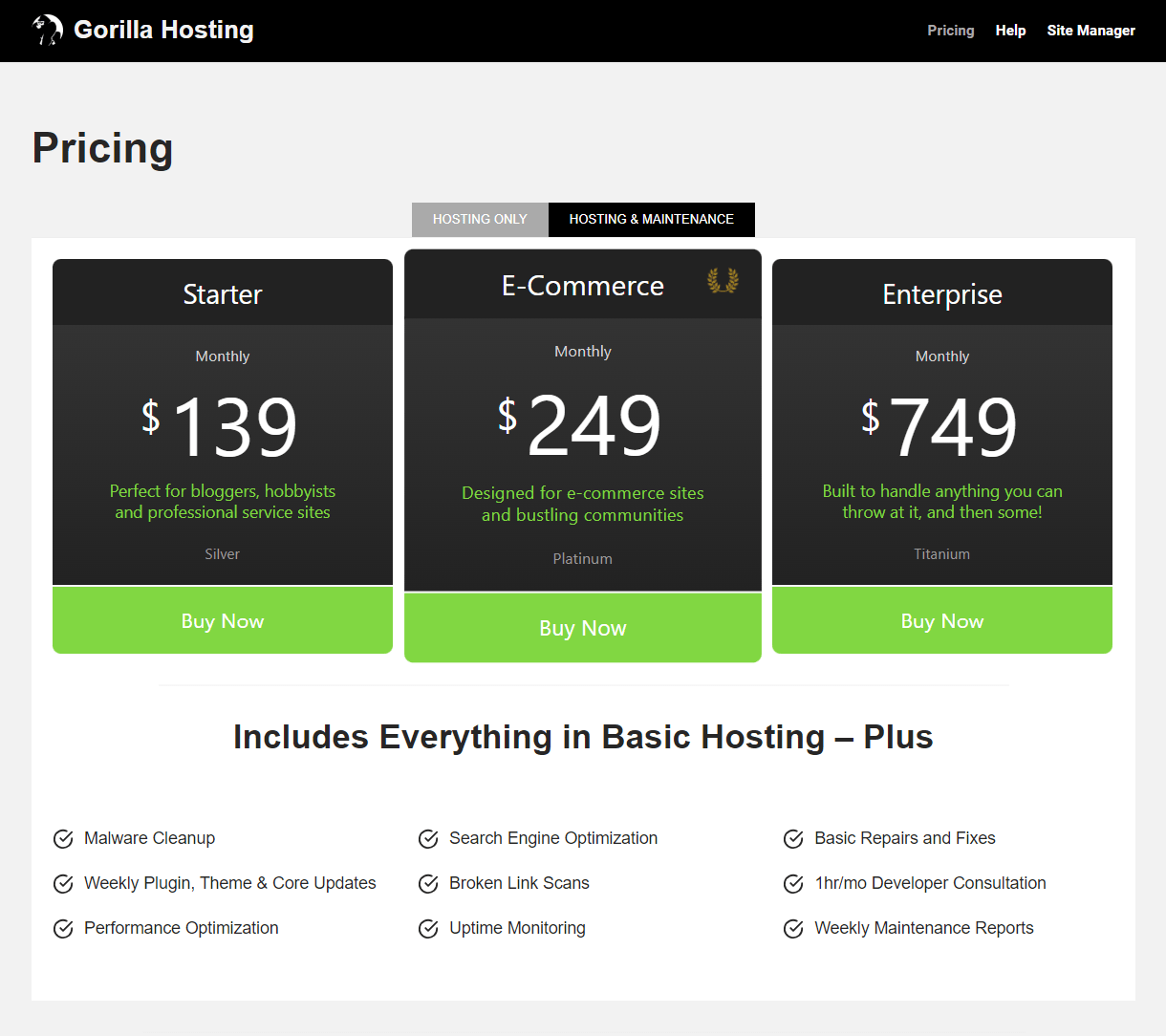 Custom Hosting Reseller pricing table embedded on a site