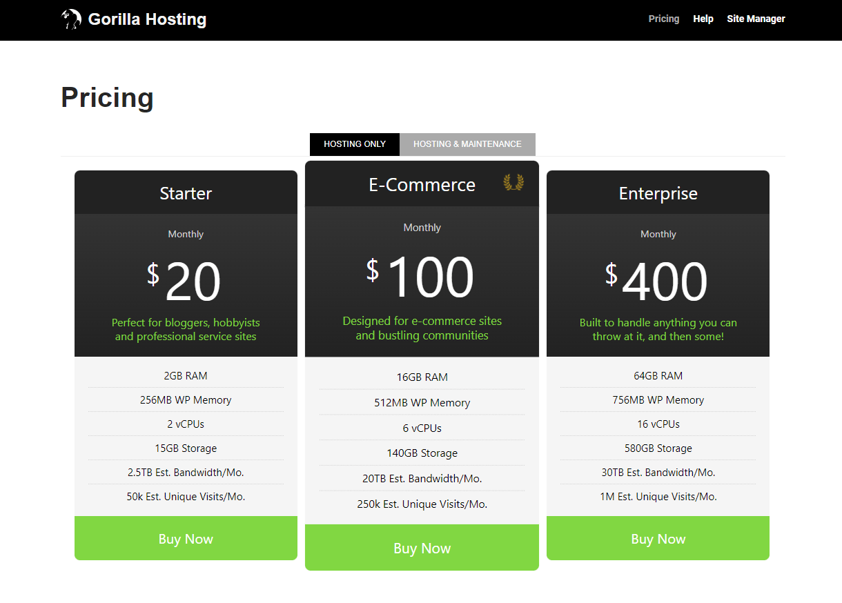 Custom Hosting Reseller pricing table