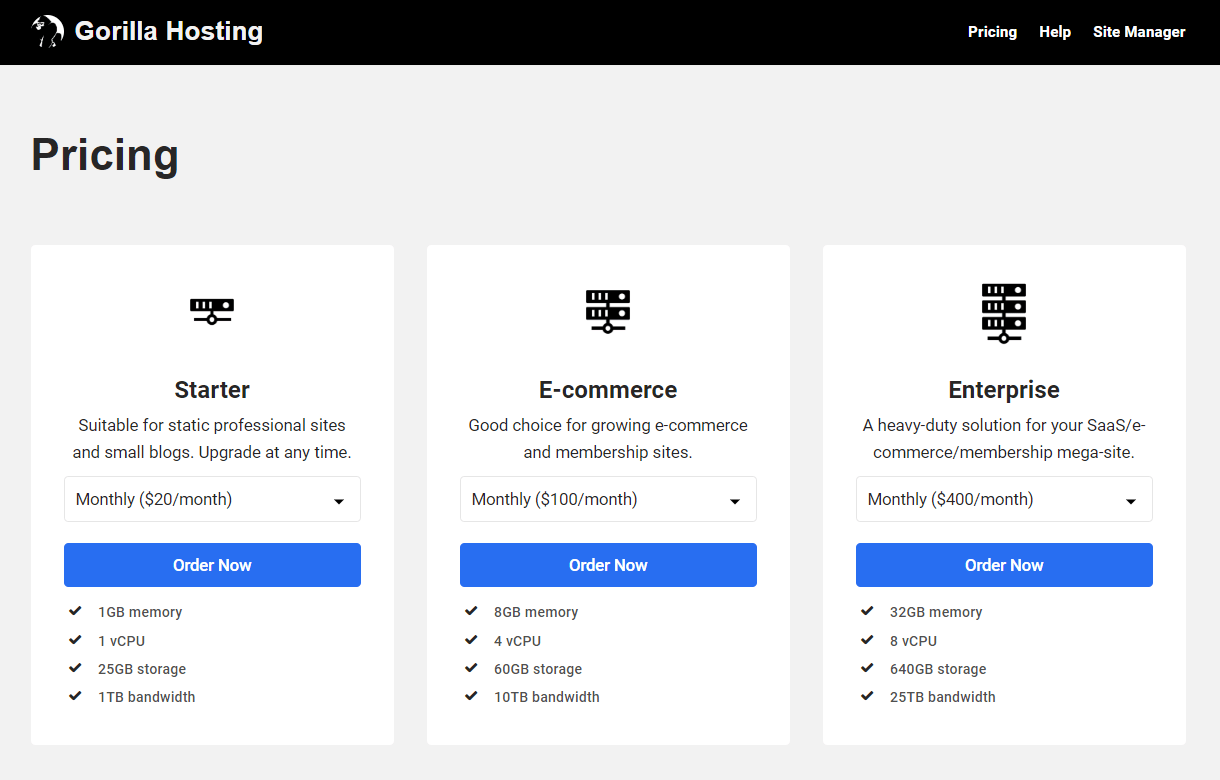 Hosting Reseller pricing table embedded on a site