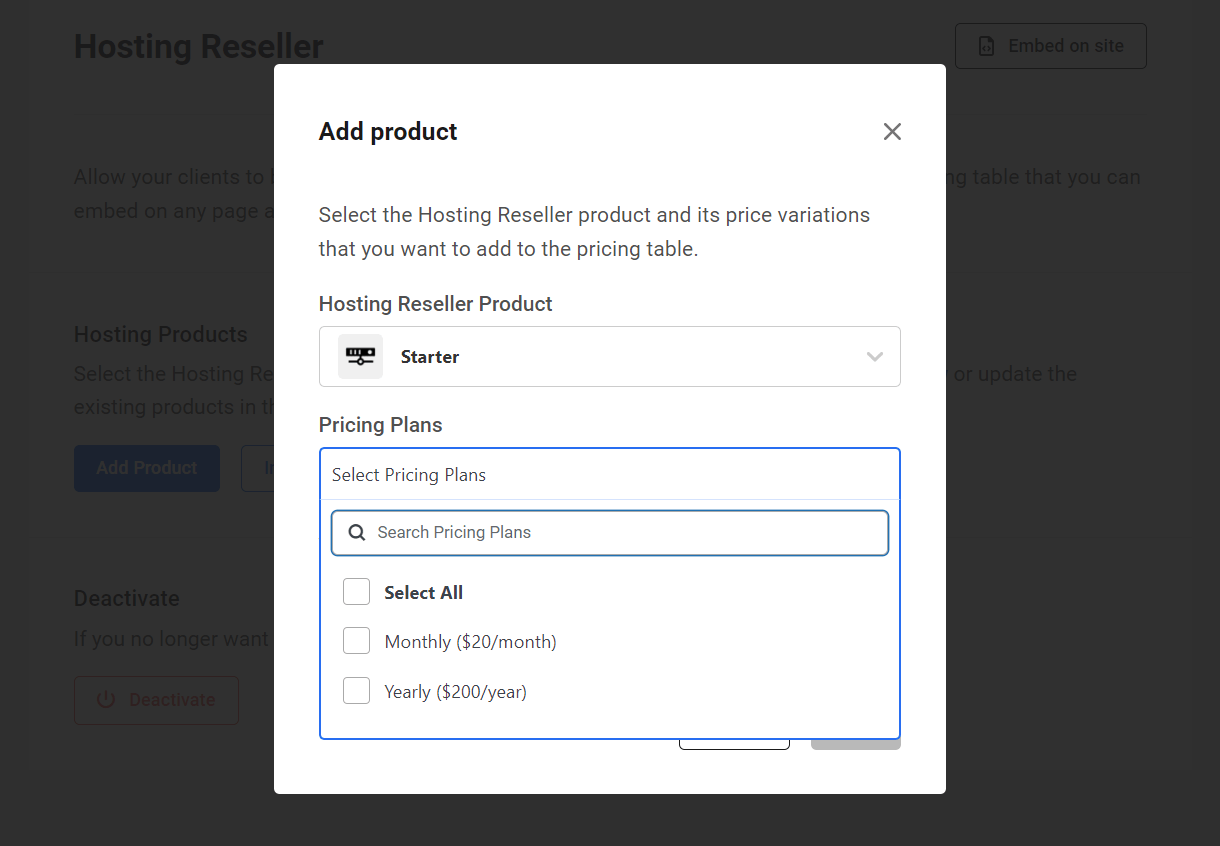 Select pricing plans of a Hosting Reseller product to add in the Hub Client