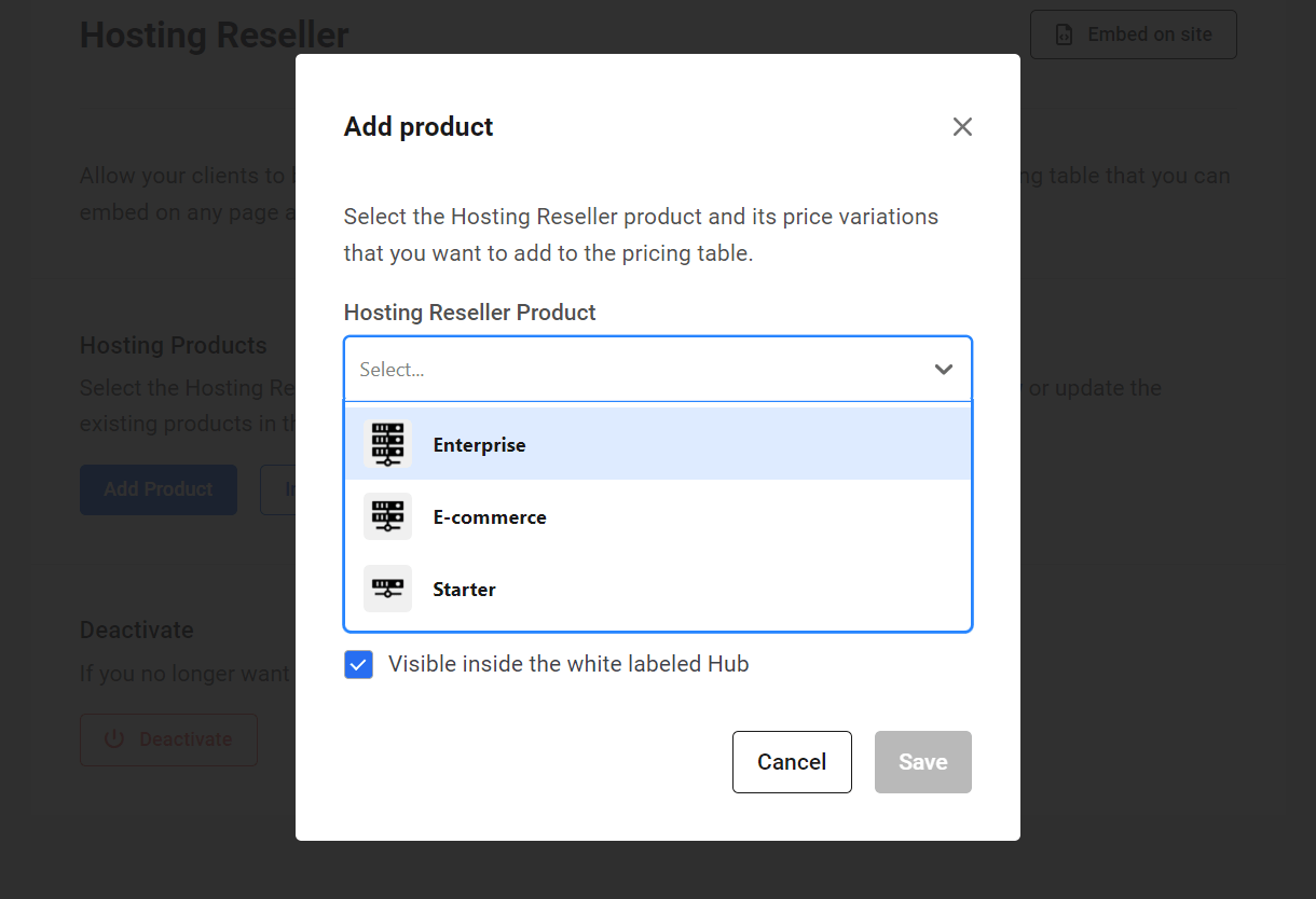 Select a Hosting Reseller product to add in the Hub Client