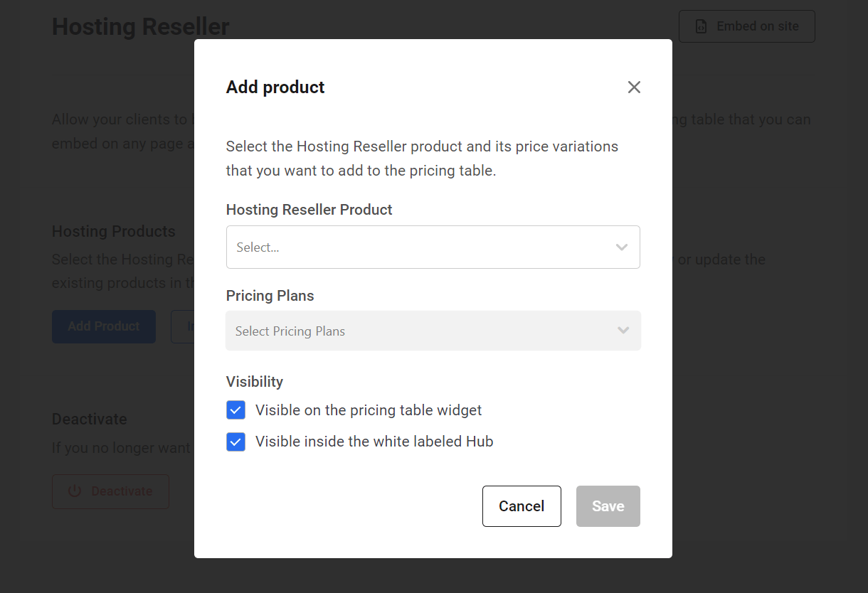 Select a Hosting Reseller product to add in the Hub Client